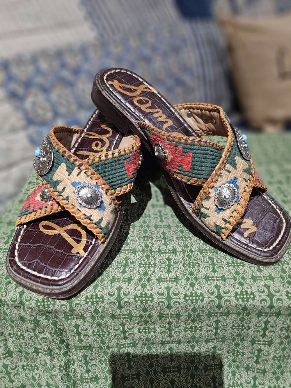 Sam Edelman Western Green, Tan & Red Embroidered With Conchos Slide Sandals